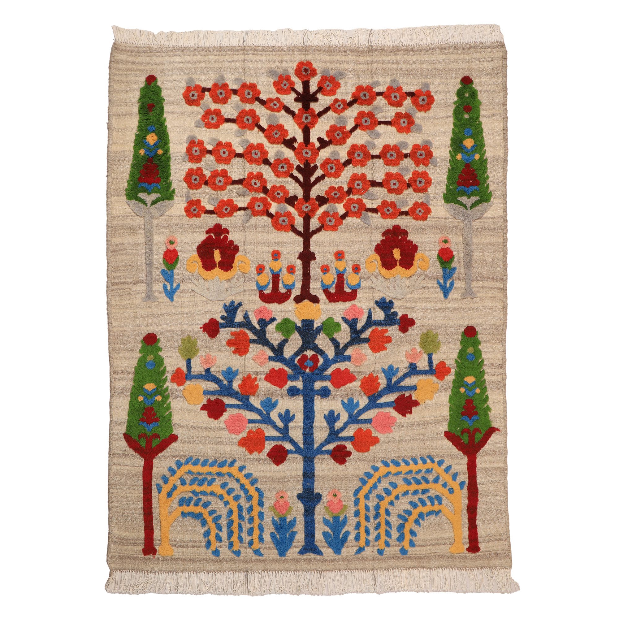 گلیم فرش دستبافت سه متری مدل درخت زندگی کد 4040654 | کرم | گارانتی اصالت و سلامت فیزیکی کالا
