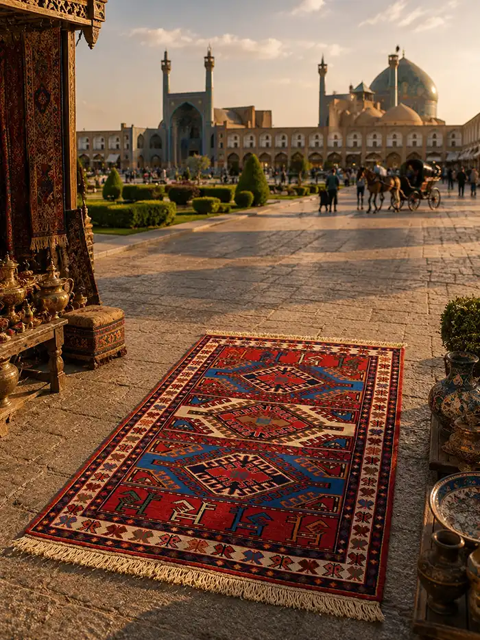 گلیم دستبافت یک و نیم متری مدل ورنی زمینه قرمز کد 4040494