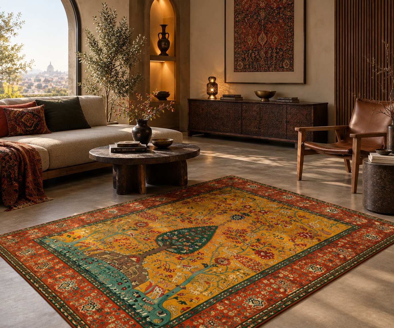فرش درختی تک سرو، برای سفارش این فرش در ابعاد و رنگ آمیزی دلخواه خود به سایت گره بافت مراجعه کنید